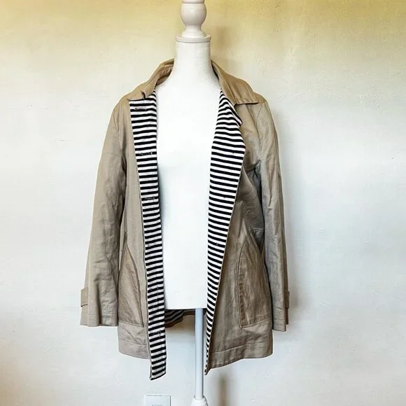 Splendid Beige Barn Coat Stripe Lining Preppy Coastal Jacket L French Girl - Picture 6 of 15
